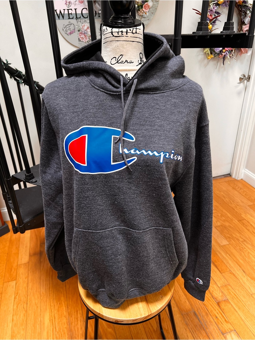 Champion Men’s Charcoal Gray Hoodie with Blue & Red Logo